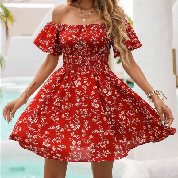 Boho Red Floral Print Off Drop Shoulder Smocked Waist Dress - Picture 5 of 6
